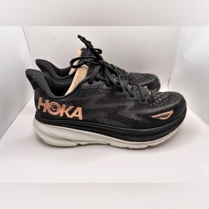 Hoka Women's Black and Rose Gold Athletic Running Shoes